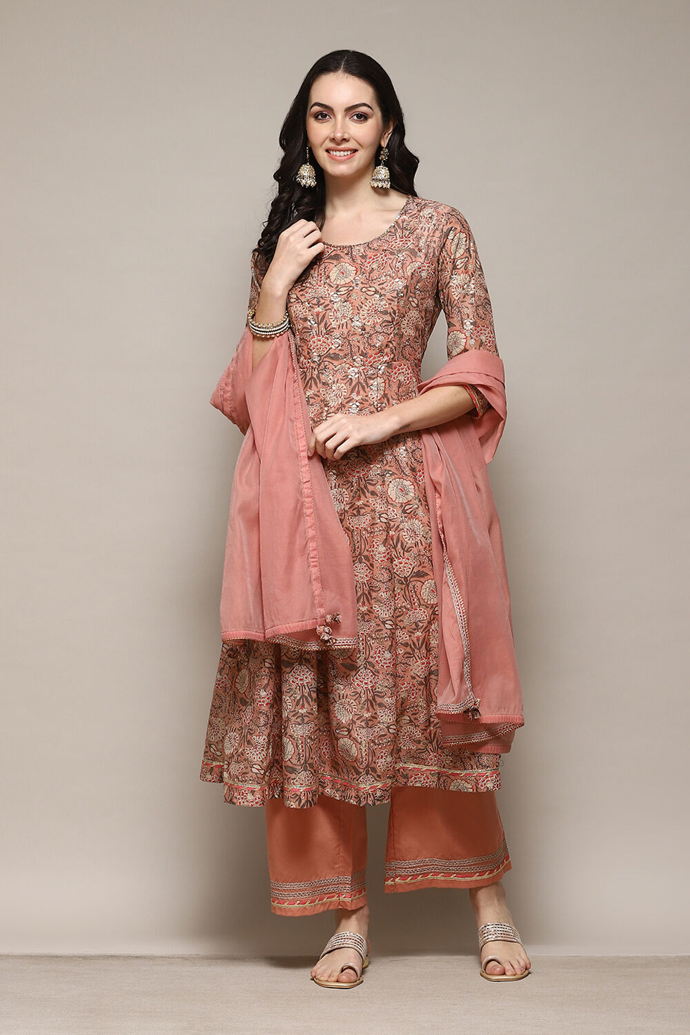 Peach-coloured Printed Poly Chanderi Anarkali Suit Set image number 7