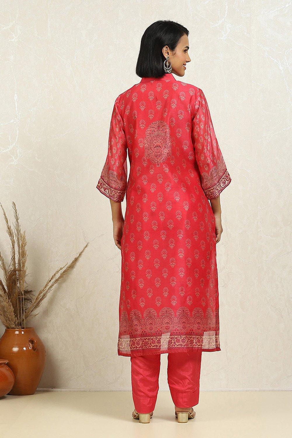 Pink Chanderi Printed Embroidered Unstitched Suit Set image number 5