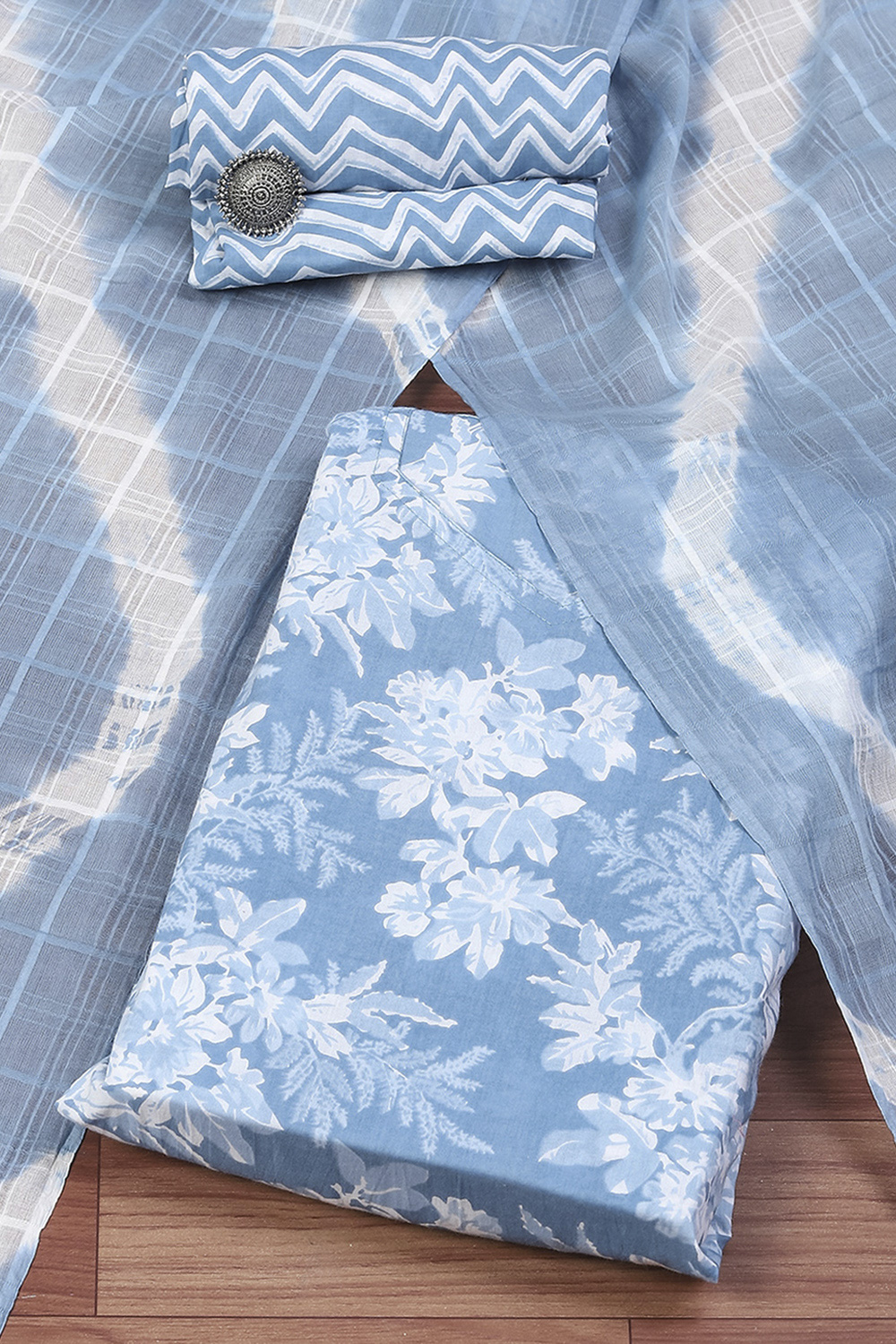 Blue Cotton Printed Unstitched Suit Set image number 0