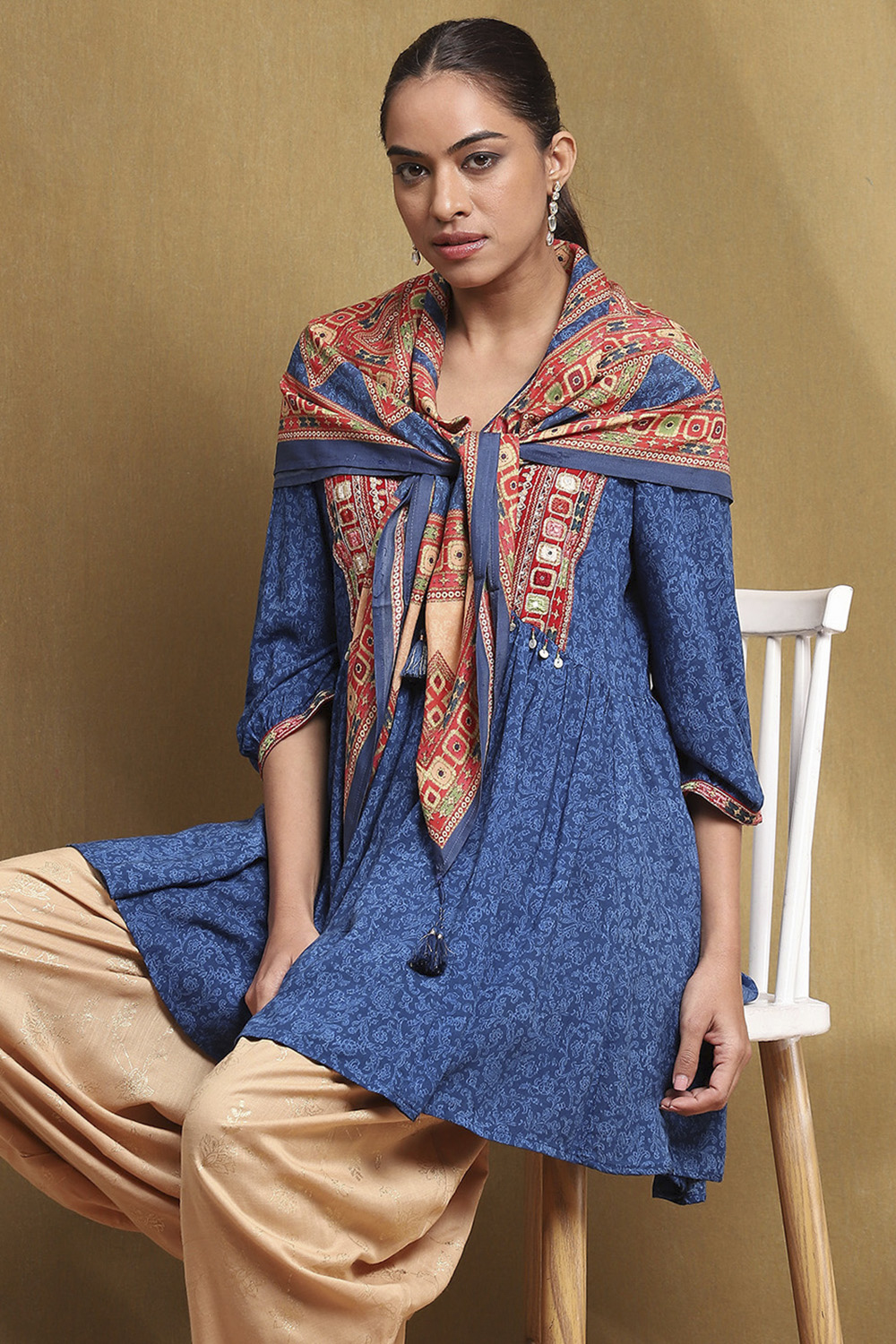 Blue and Beige Embroidered Peplum Kurta Set image number 0