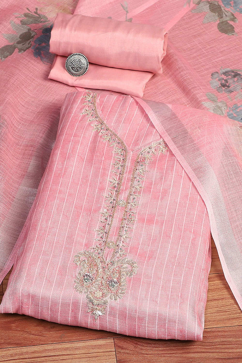 Peach Linen Digital Print Unstitched Suit Set image number 0