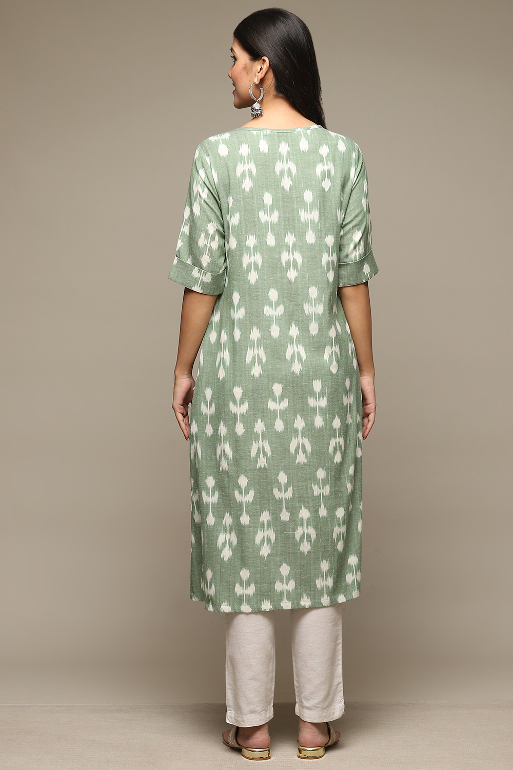 Khaki Green Cotton IKAT Straight Yarndyed Kurta image number 3