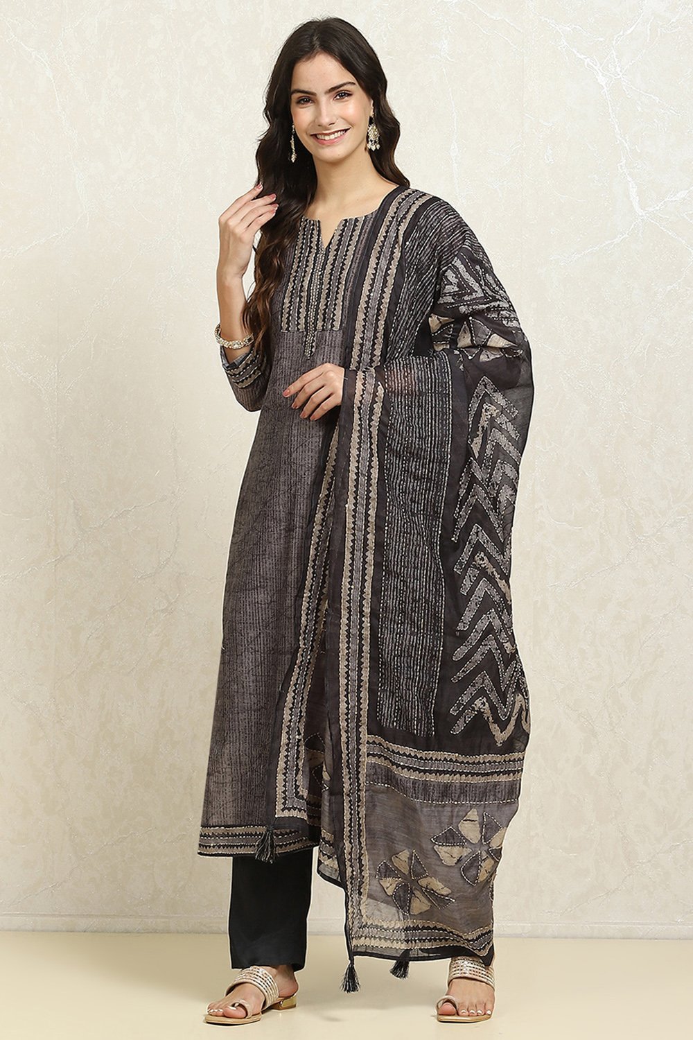 Grey Chanderi Blend Hand Embroidered Unstitched Suit Set image number 1