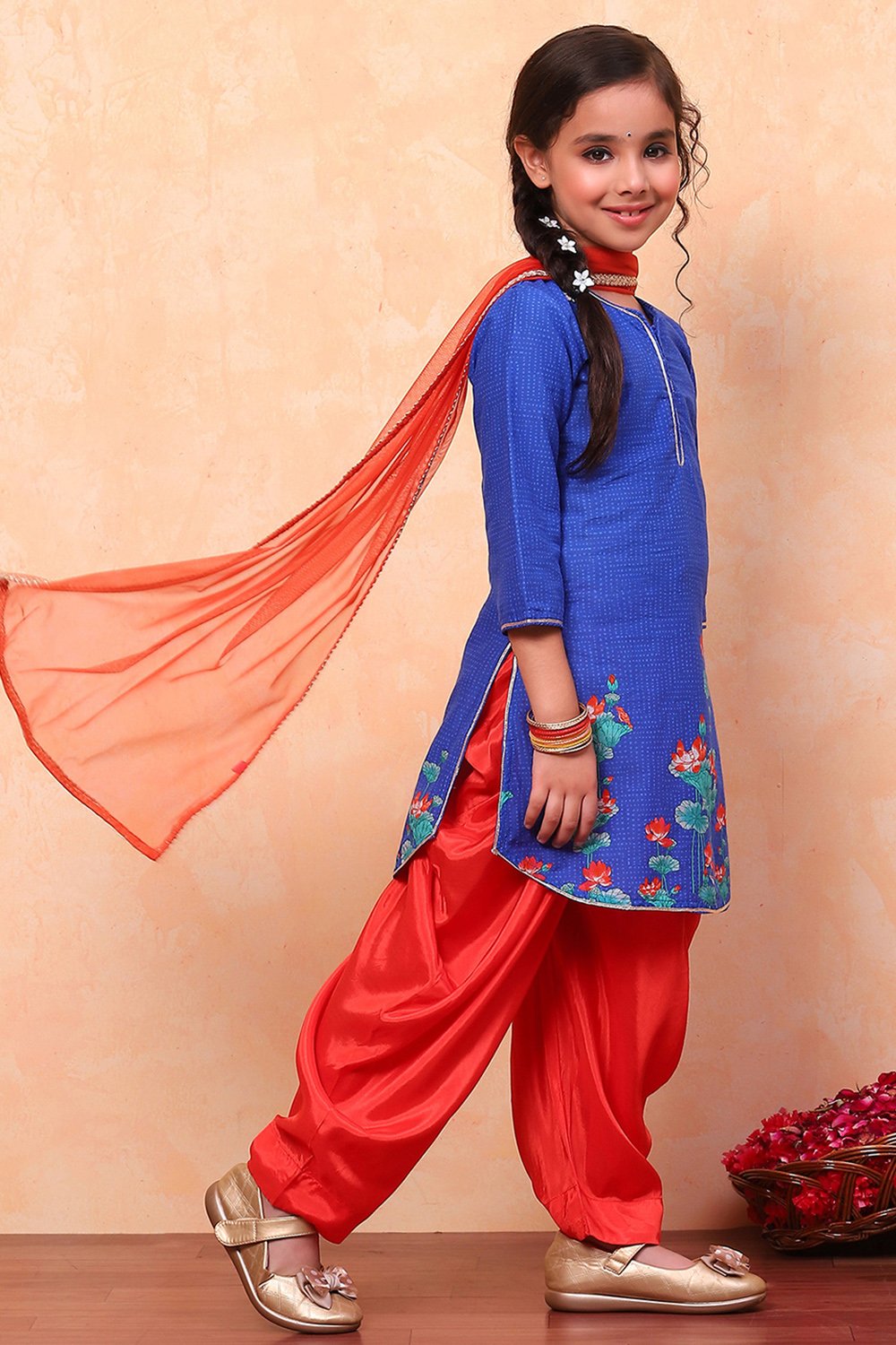 Blue and Red Cotton Printed Straight Suit Set image number 3