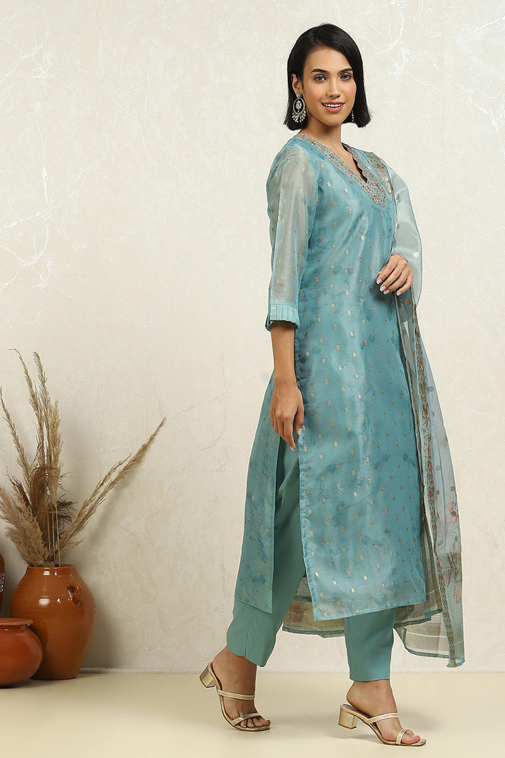 Blue Silk Blend Hand Embroidered Unstitched Suit Set image number 6