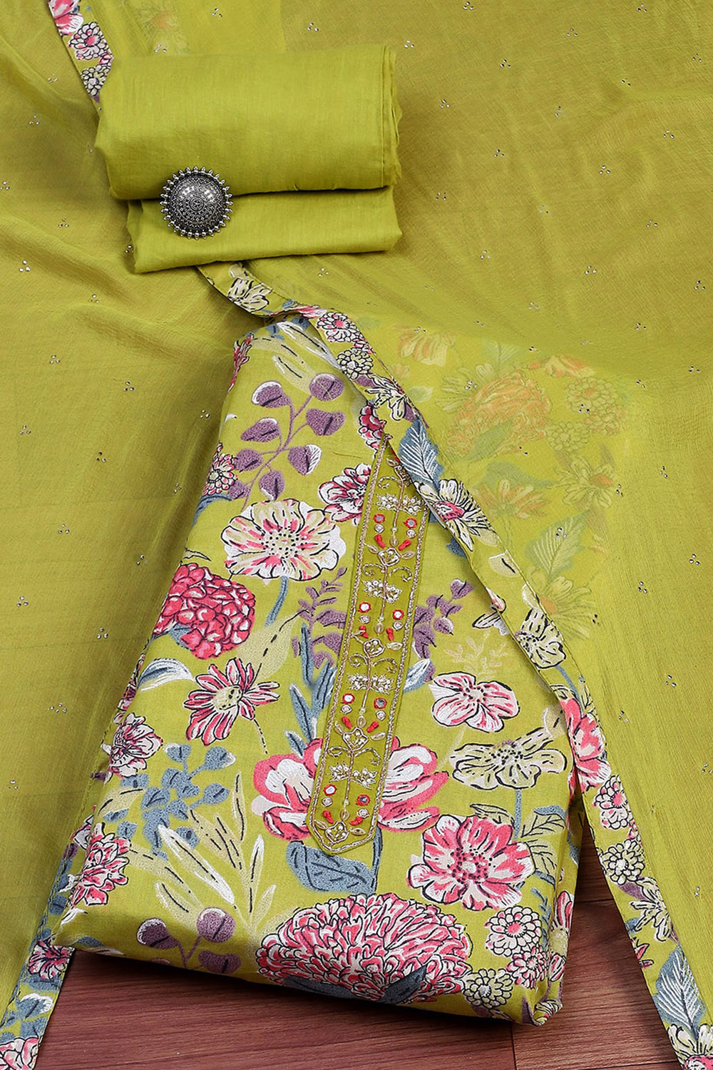 Green Cotton Printed Unstitched Suit Set image number 0