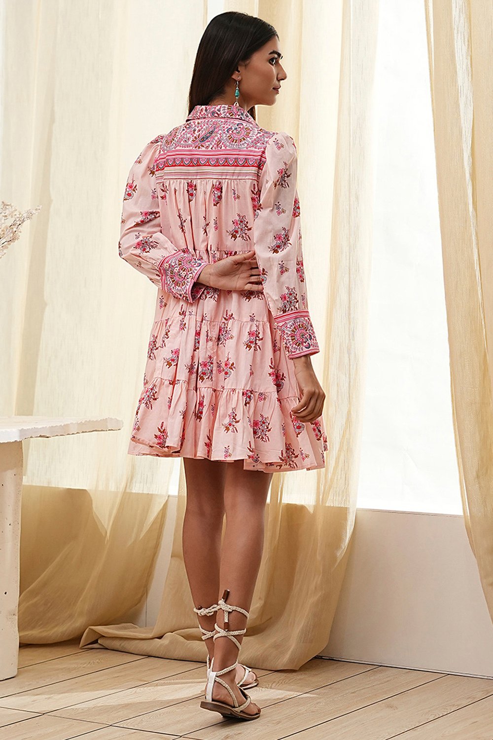 Peach Cotton Tiered Printed Kurta image number 3