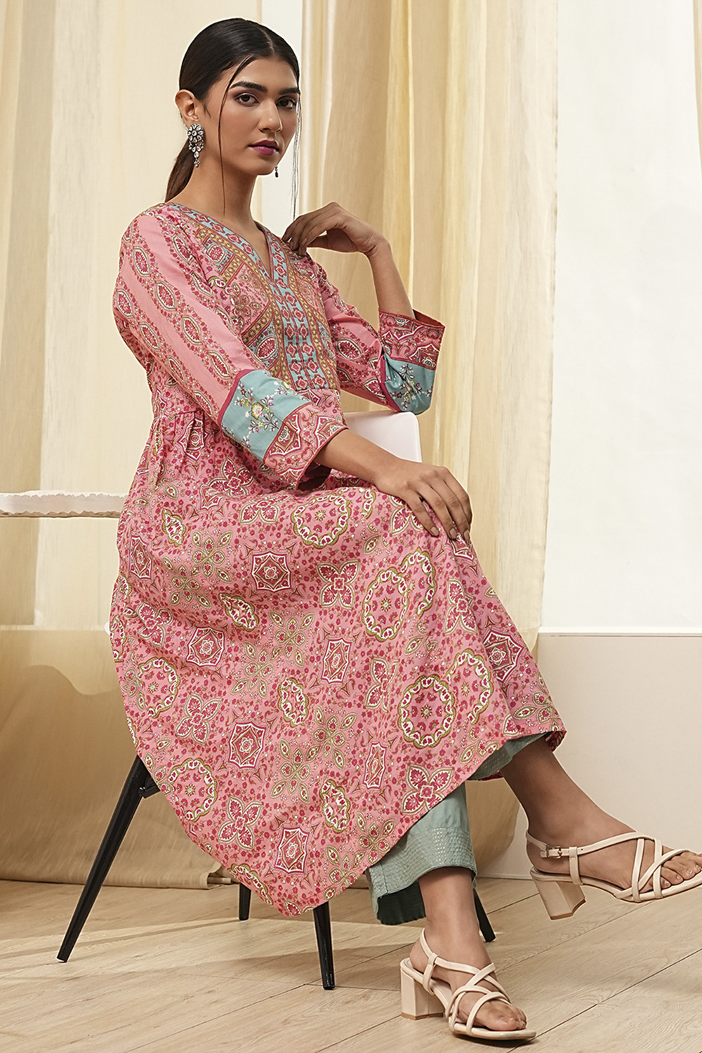 Pink Pure Cotton Printed A-Line Kurta image number 0