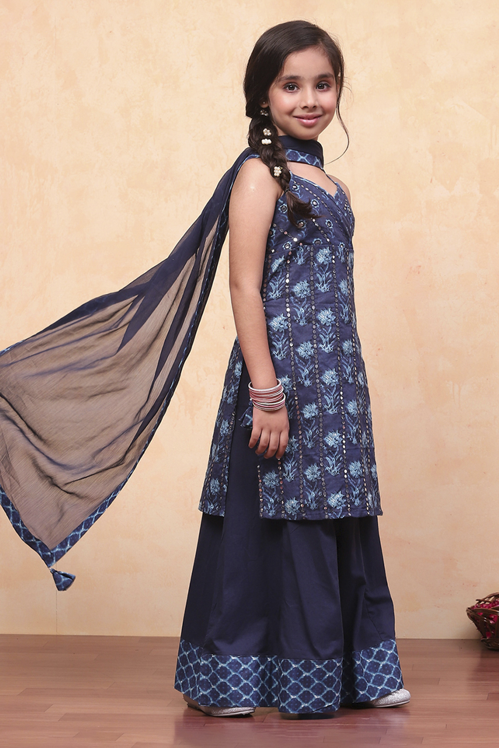 Indigo Cotton Floral Mirror Work Straight Suit Set image number 5