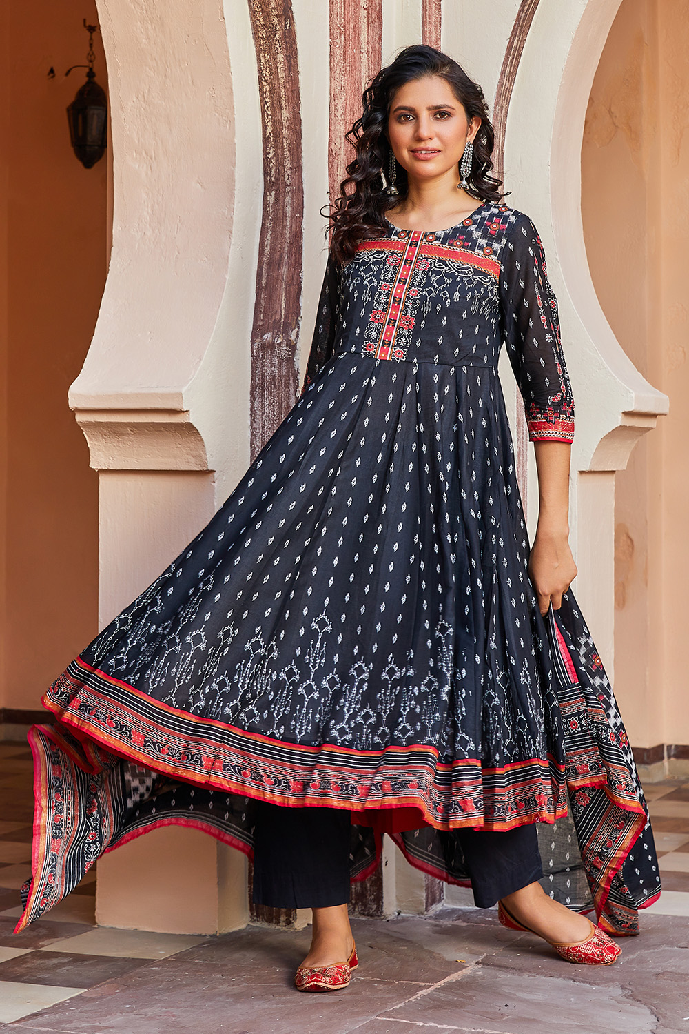 Black Cotton Anarkali Kurta Palazzo Suit Set