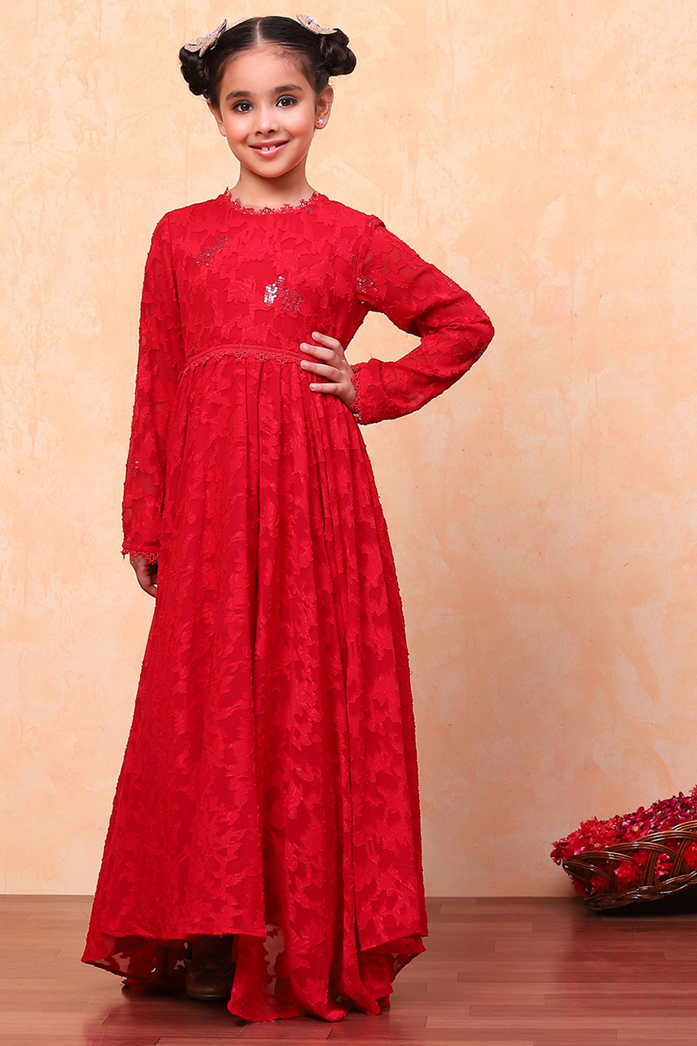 Red Jacquard Floral Self-Design Gathered Festive Gown image number 5