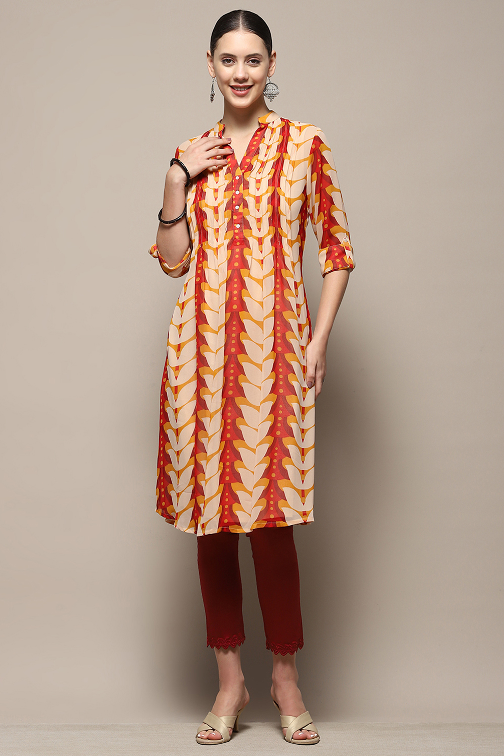 Cream-coloured Georgette Printed A-Line Kurta image number 6