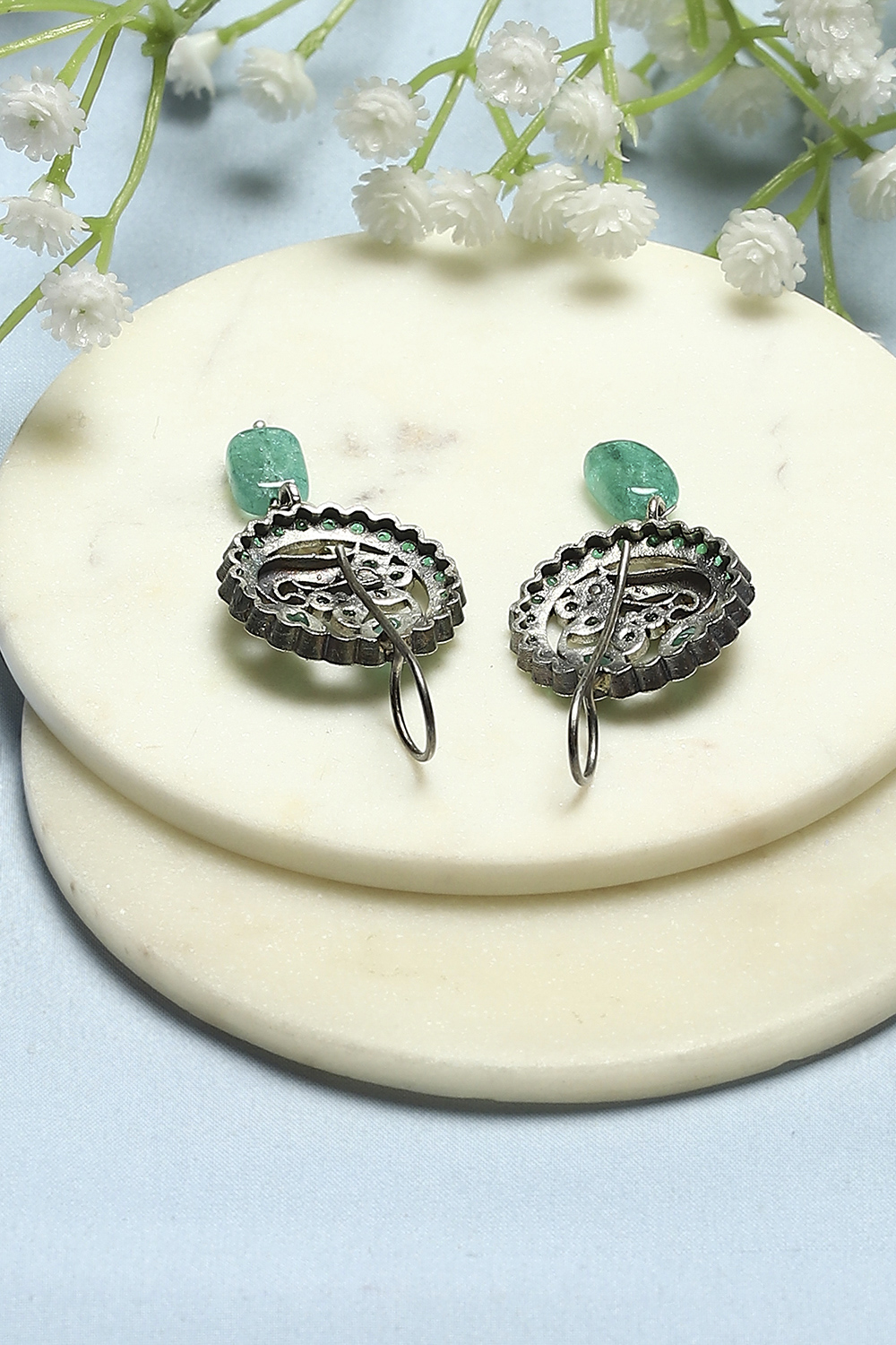 Green Oxidised Stone Studded Circular Danglers image number 2