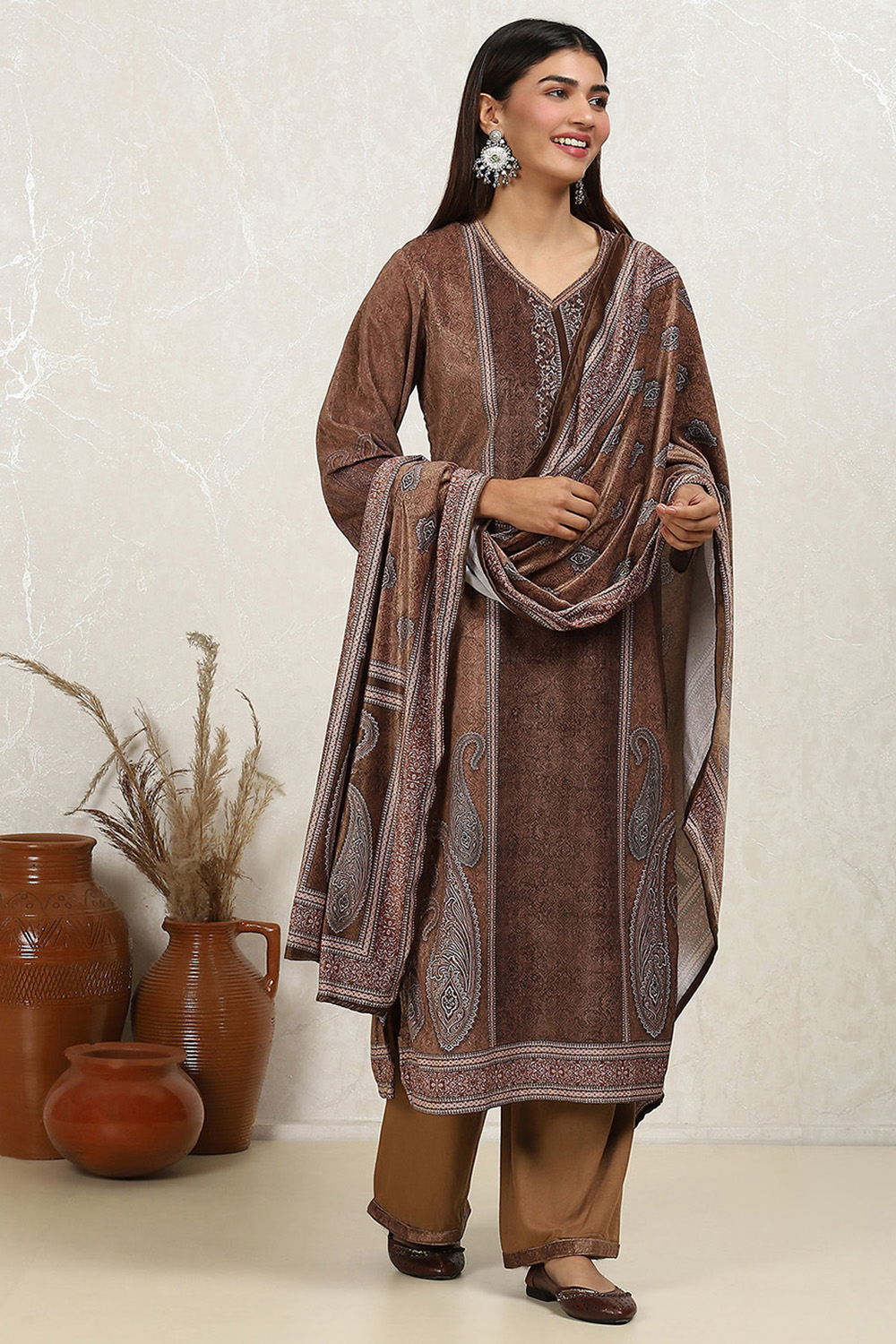 Brown Velvet Digital Print Unstitched Suit Set image number 1