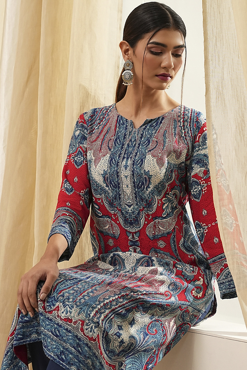 Red and Blue Printed Straight Kurta image number 0