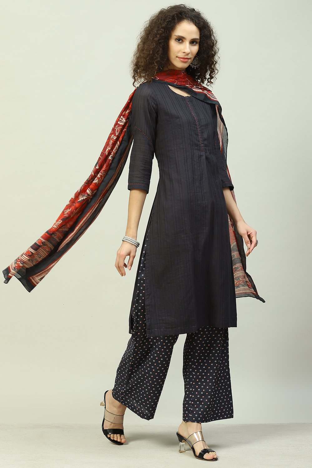 Black Cotton Straight Kurta Palazzo Suit Set image number 6