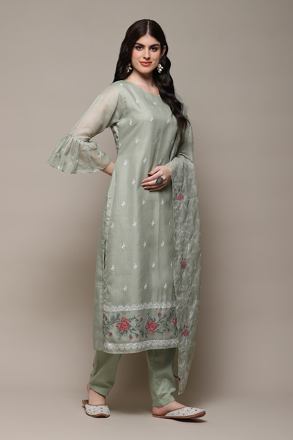 Green Cotton Blend Printed Unstitched Suit Set image number 7