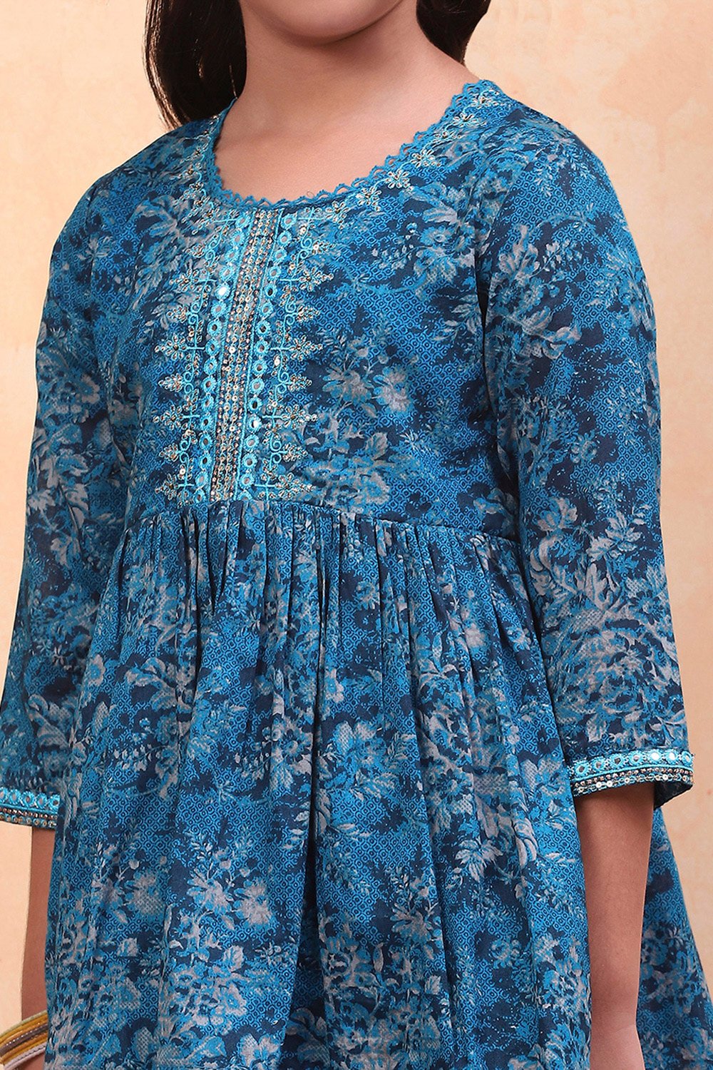 Blue Cotton Floral Printed Peplum Flared Suit Set image number 1