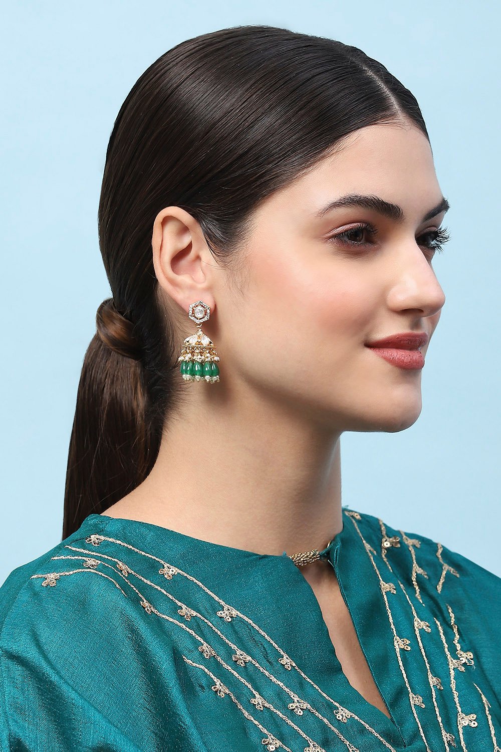 Green Kundan Festive Jhumka image number 1