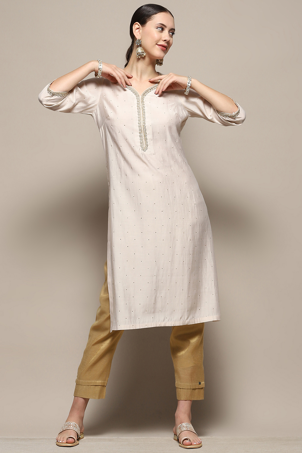 Beige Embellished Festive Straight Kurta image number 0