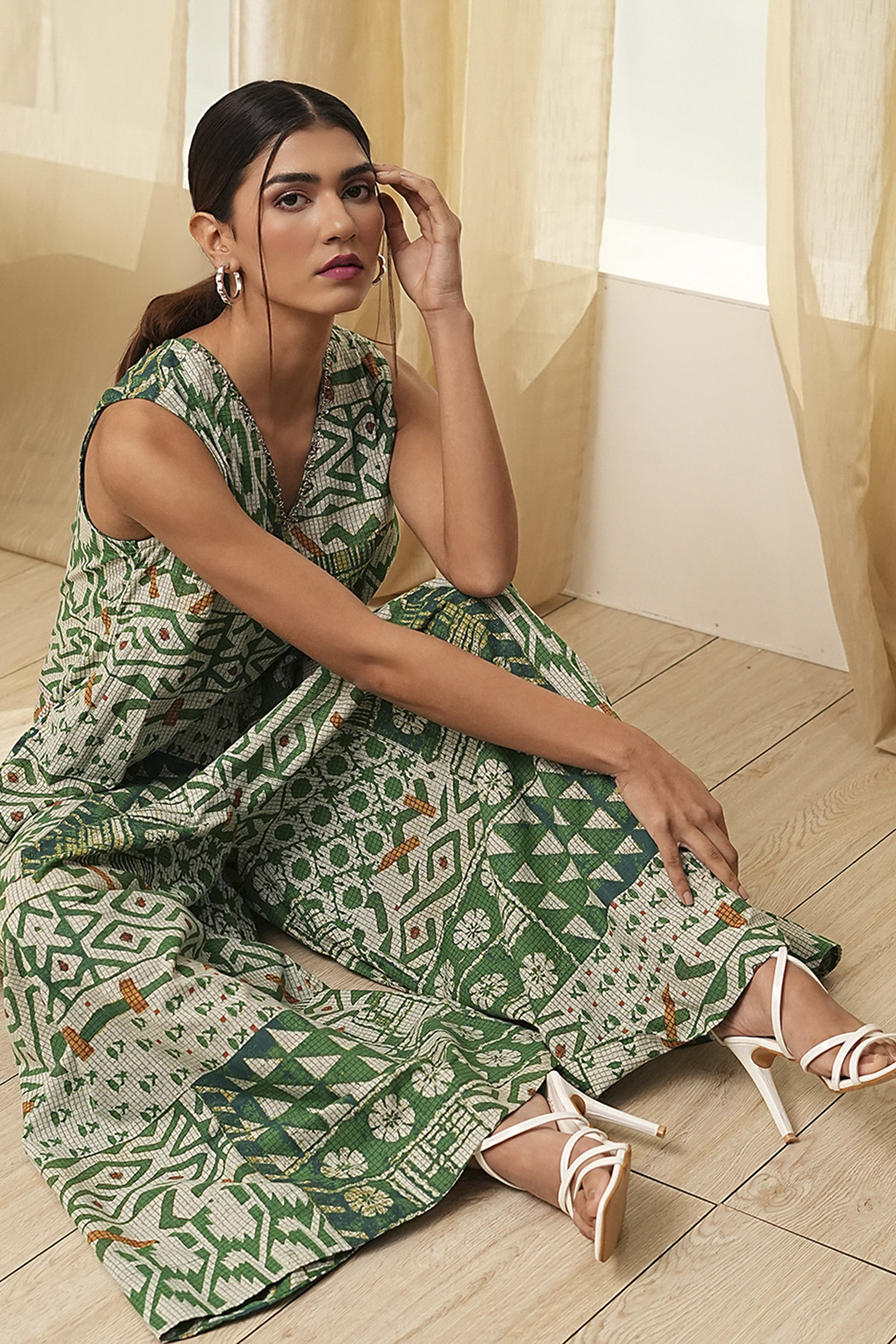 Green Cotton Straight Printed Jumpsuit image number 0