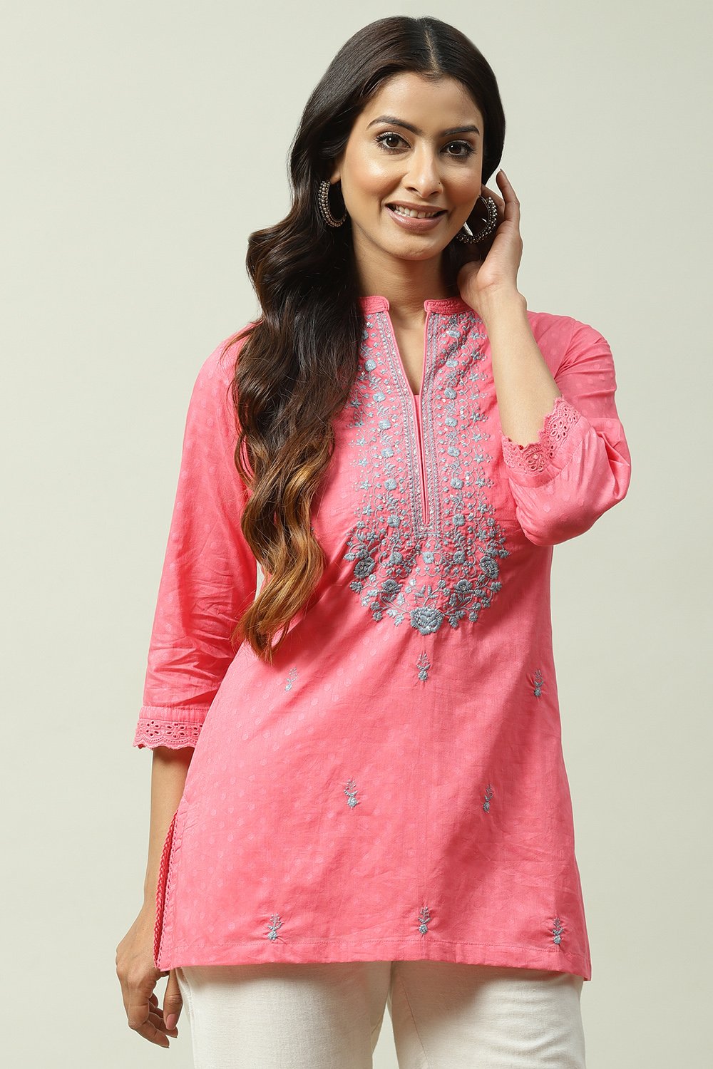 Pink Cotton Straight Short Solid Kurti image number 0