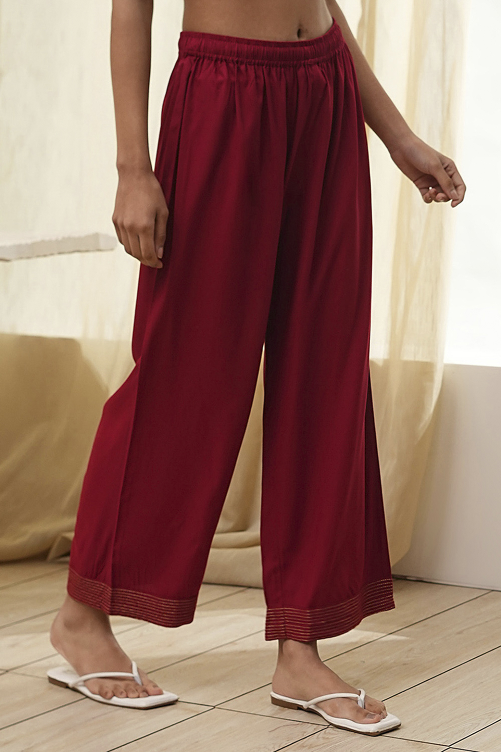 Red Viscose Rayon Solid Straight Palazzo image number 3