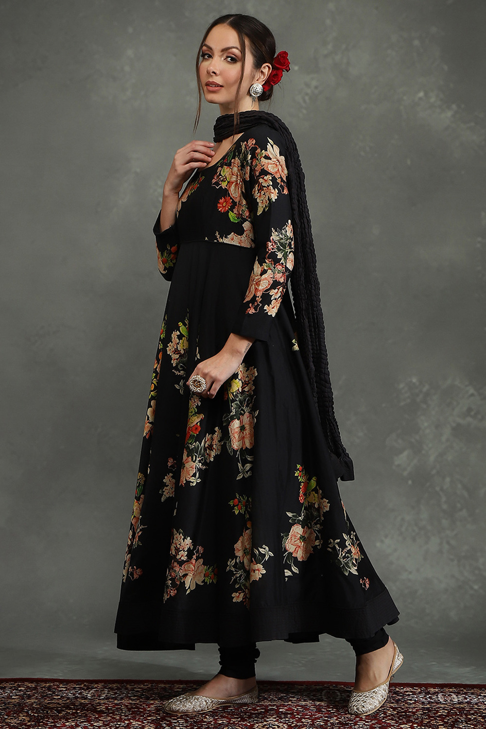 Rohit Bal Black Silk Chanderi Floral Printed Anarkali Suit Set image number 3