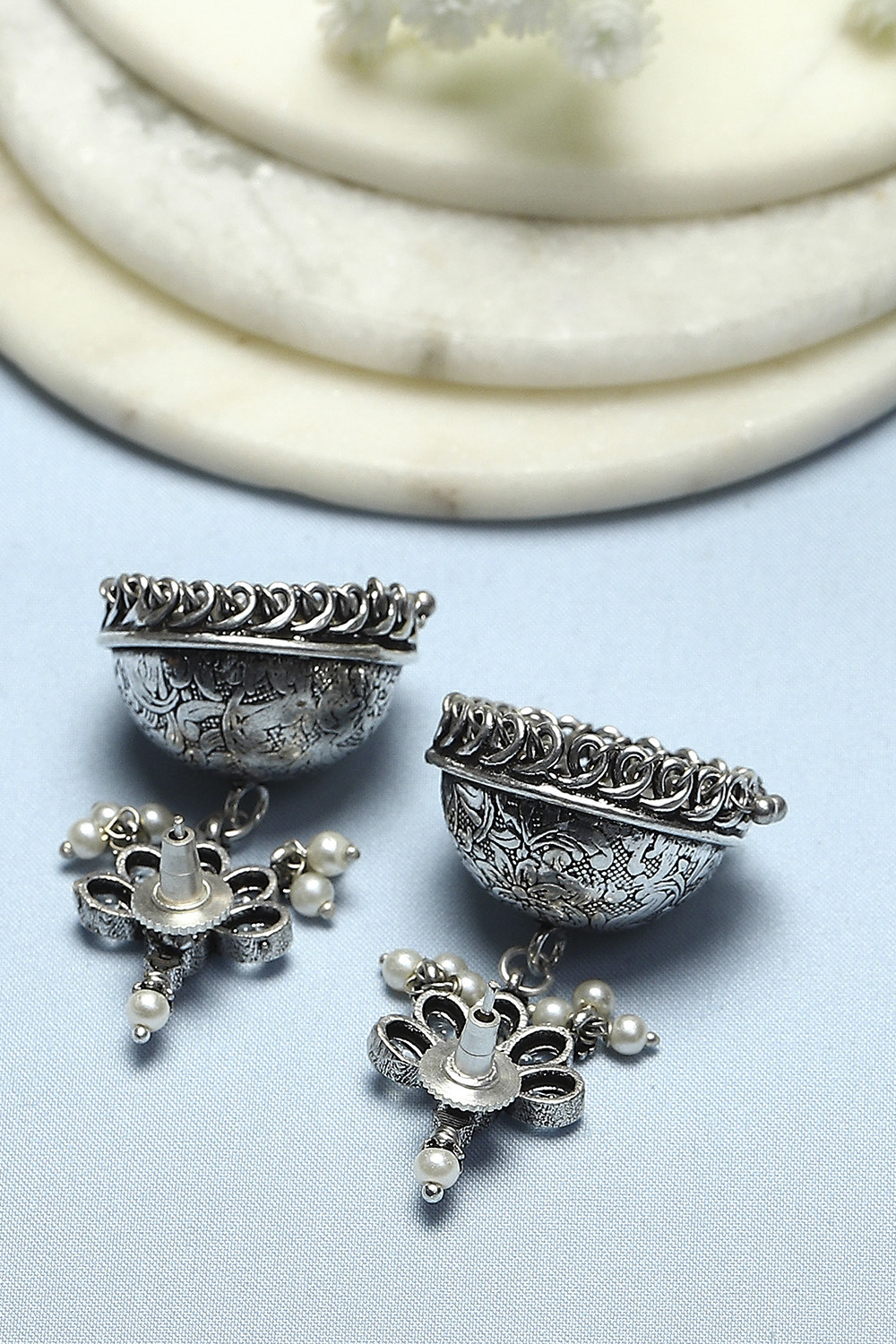 White Oxidised Stone Studded Dome Shaped Jhumkas image number 2