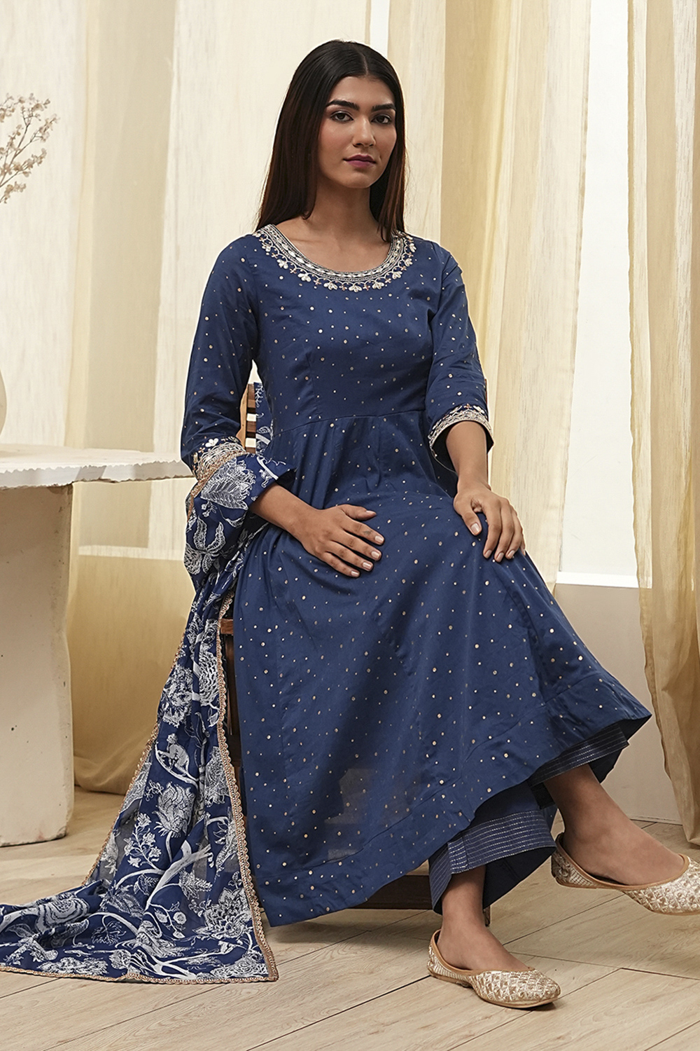 Blue Cotton Foil Printed Anarkali Suit Set image number 0