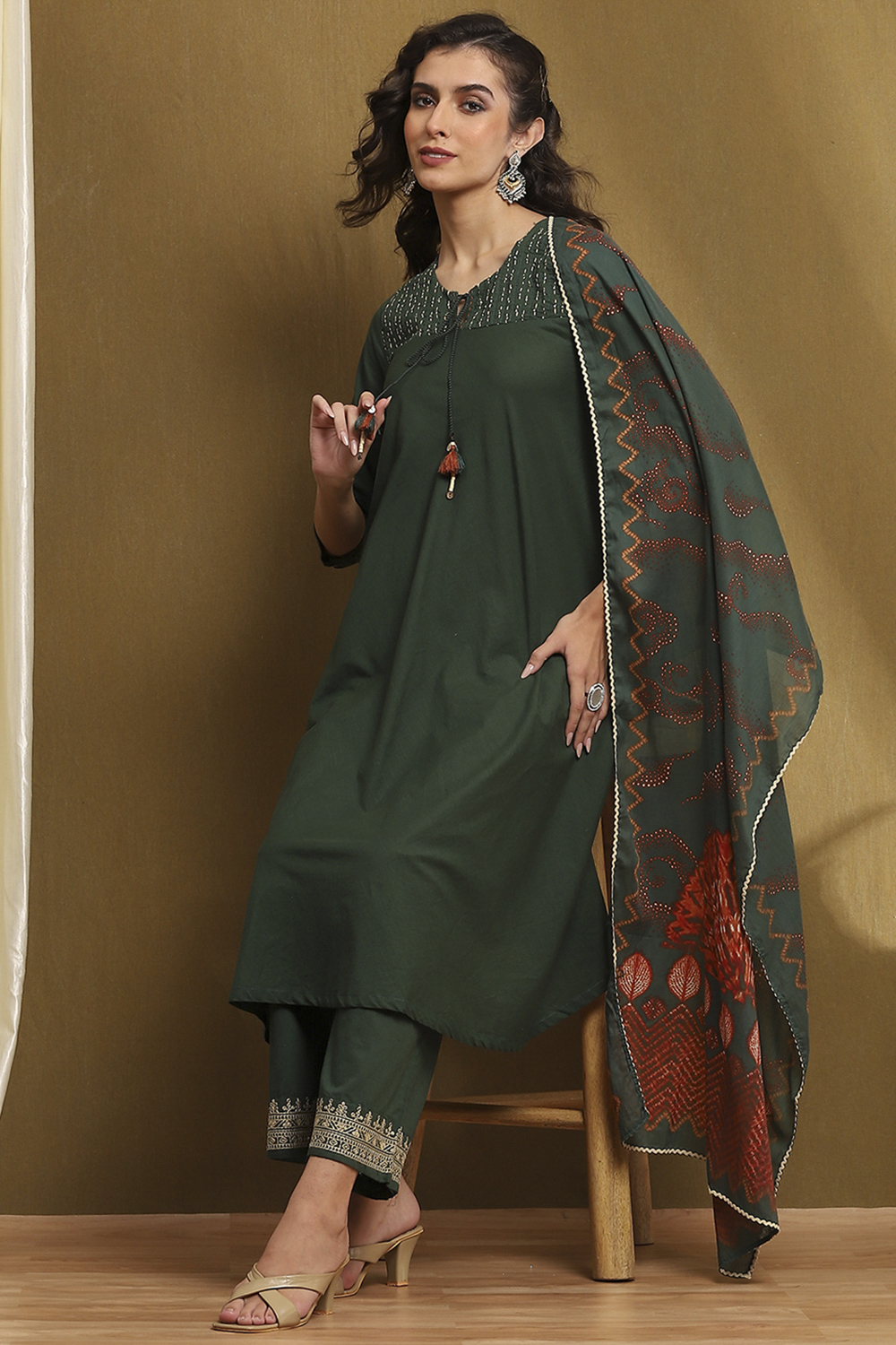 Dark Green Cotton Solid A-Line Suit Set at Biba India