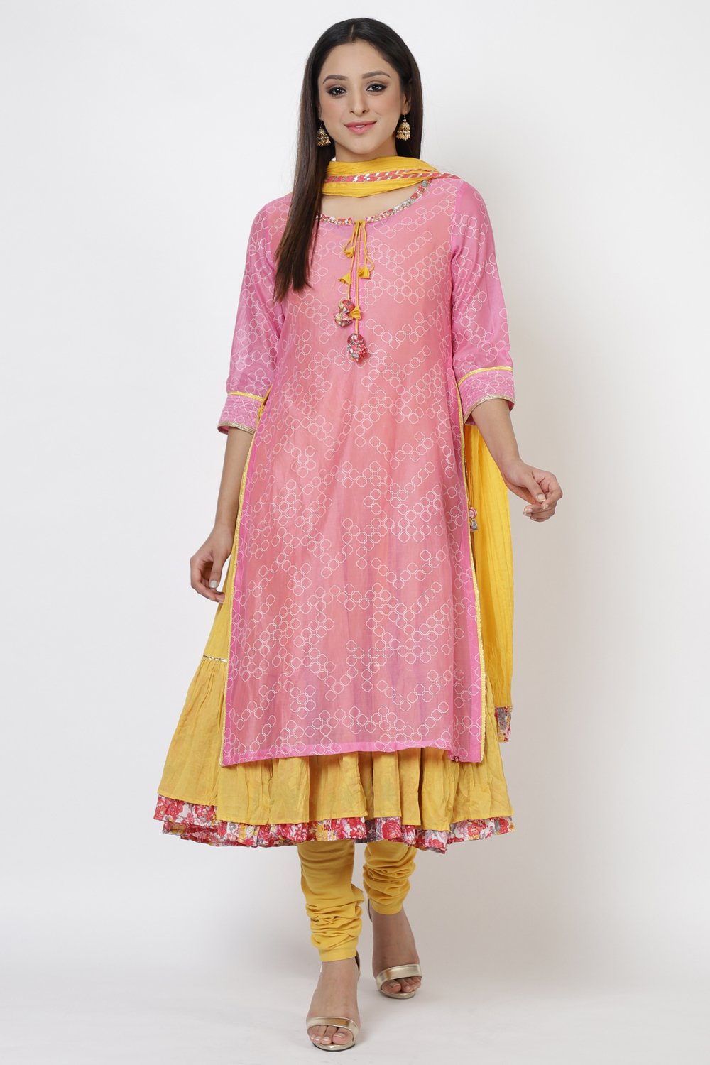 Pink Cotton A-Line Kurta Churidar Suit Set image number 2