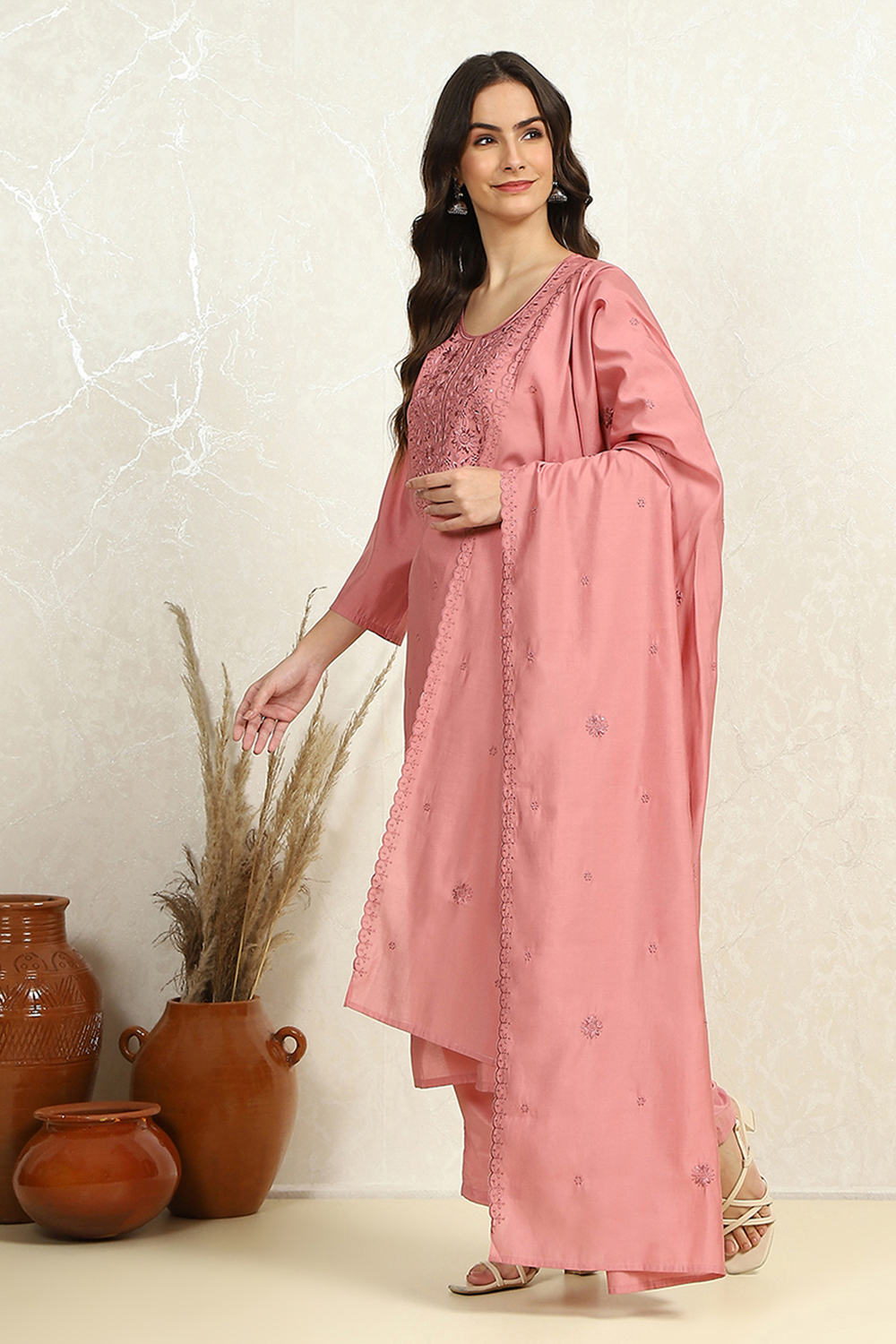 Pink Silk Blend Embroidered Unstitched Suit Set image number 4