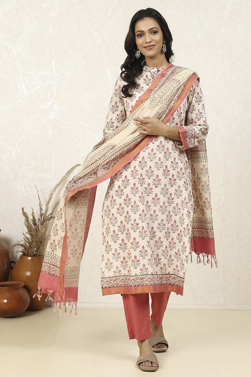 White Pink Cotton Hand Block Print Unstitched Suit Set image number 1