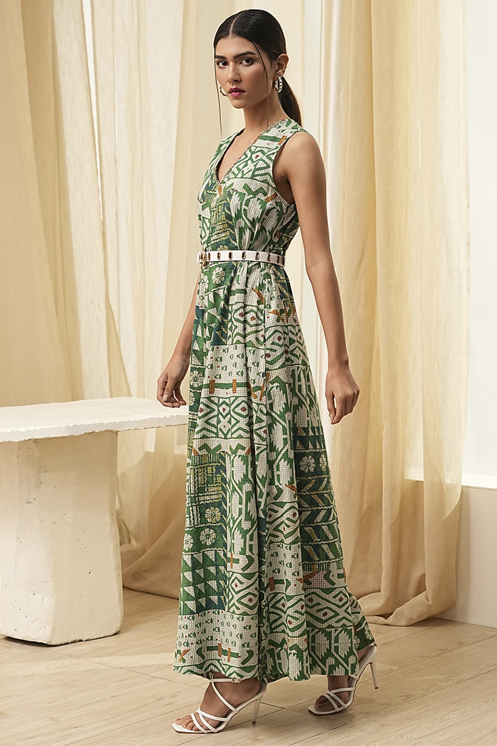 Green Cotton Printed Flared Jumpsuit image number 2