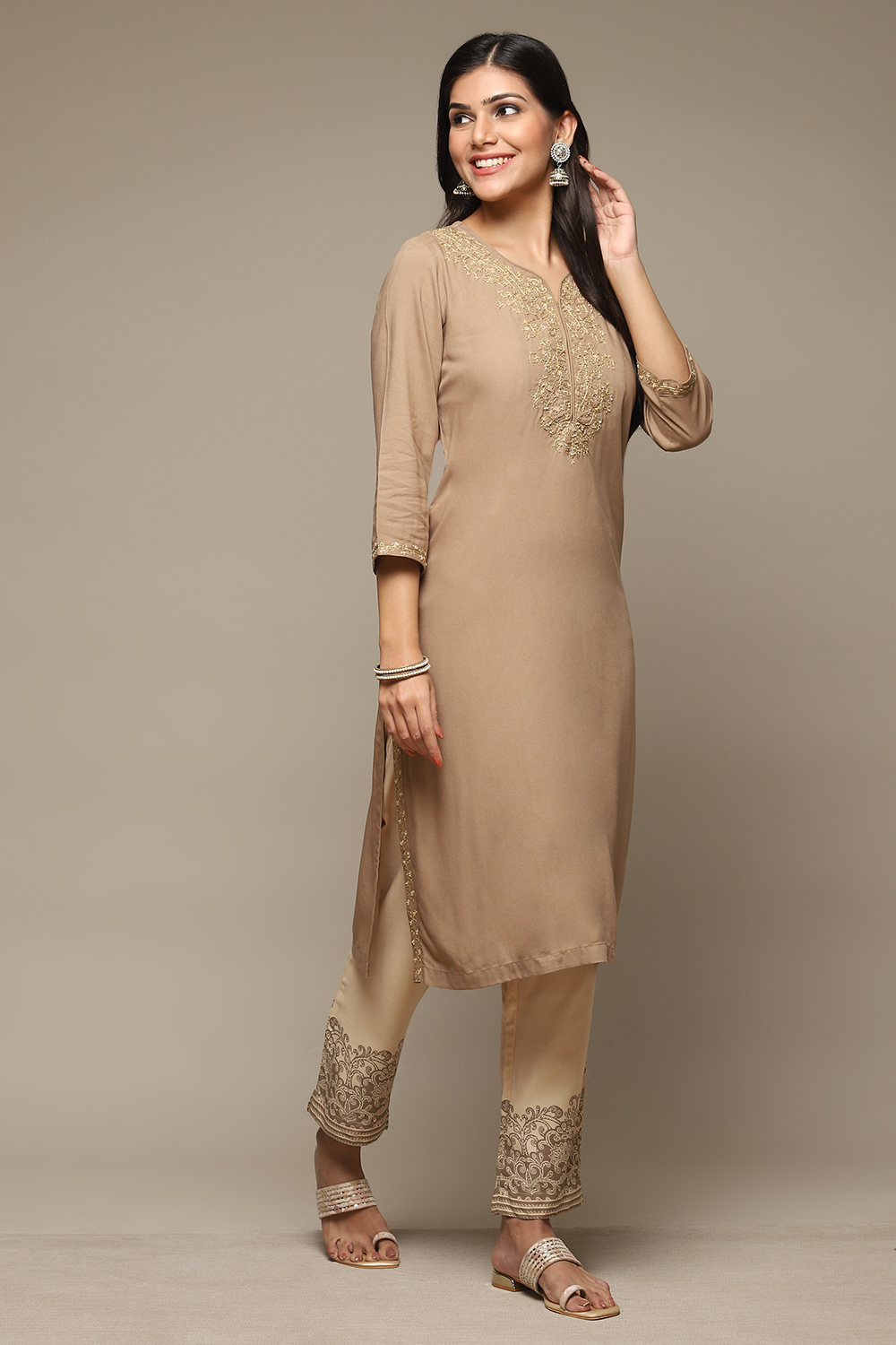 Brown Rayon Straight Kurta Pants Suit Set image number 5