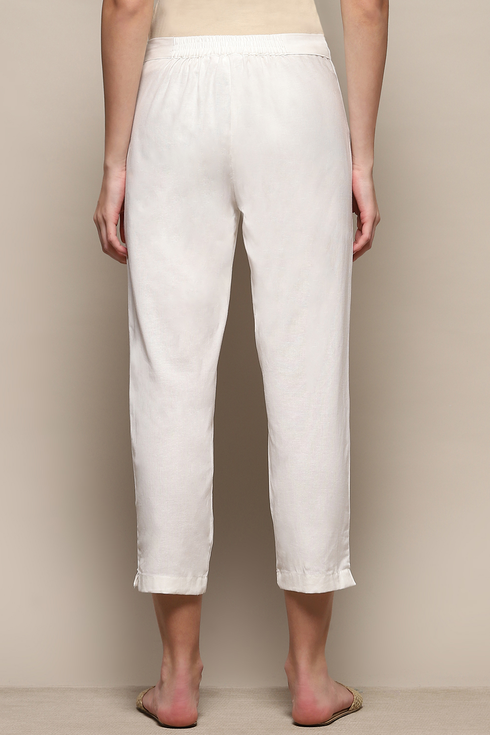 White Solid Cotton Blend Narrow Pants image number 4