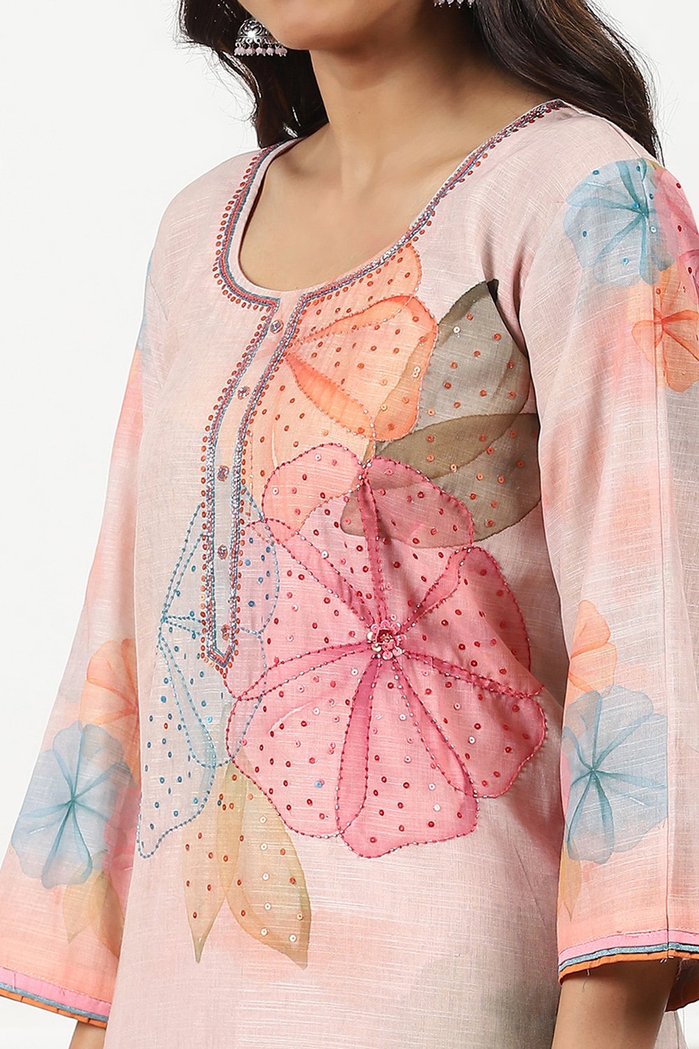 Peach-Colored Linen Printed Embroidered Unstitched Suit Set image number 4