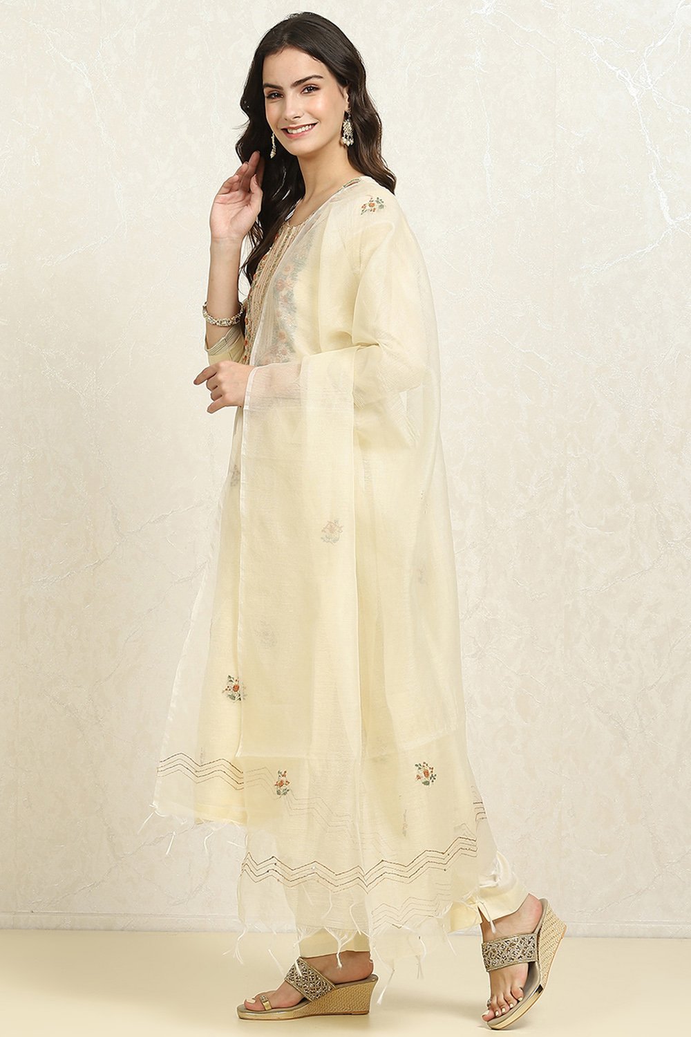 Beige Cotton Blend Machine Embroidered Unstitched Suit Set image number 4