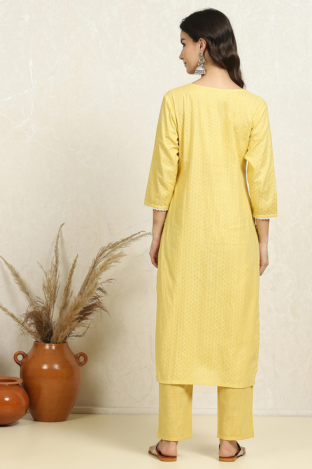 Yellow Cotton Handloom Unstitched Suit Set image number 5