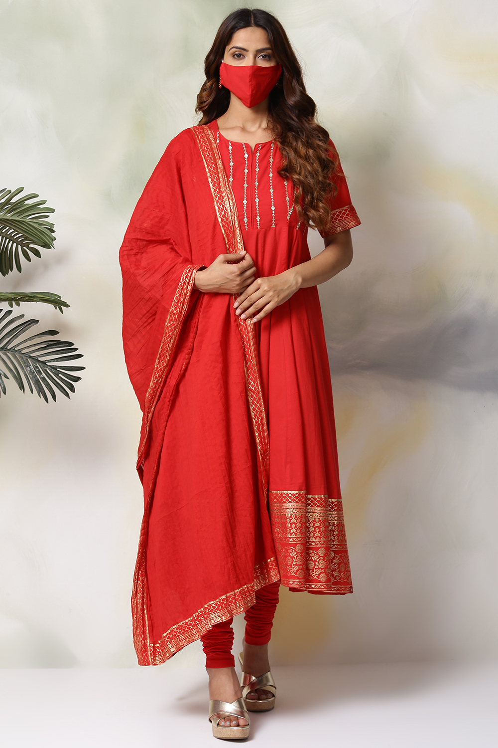 Red Cotton Anarkali Kurta Churidar Suit Set image number 7