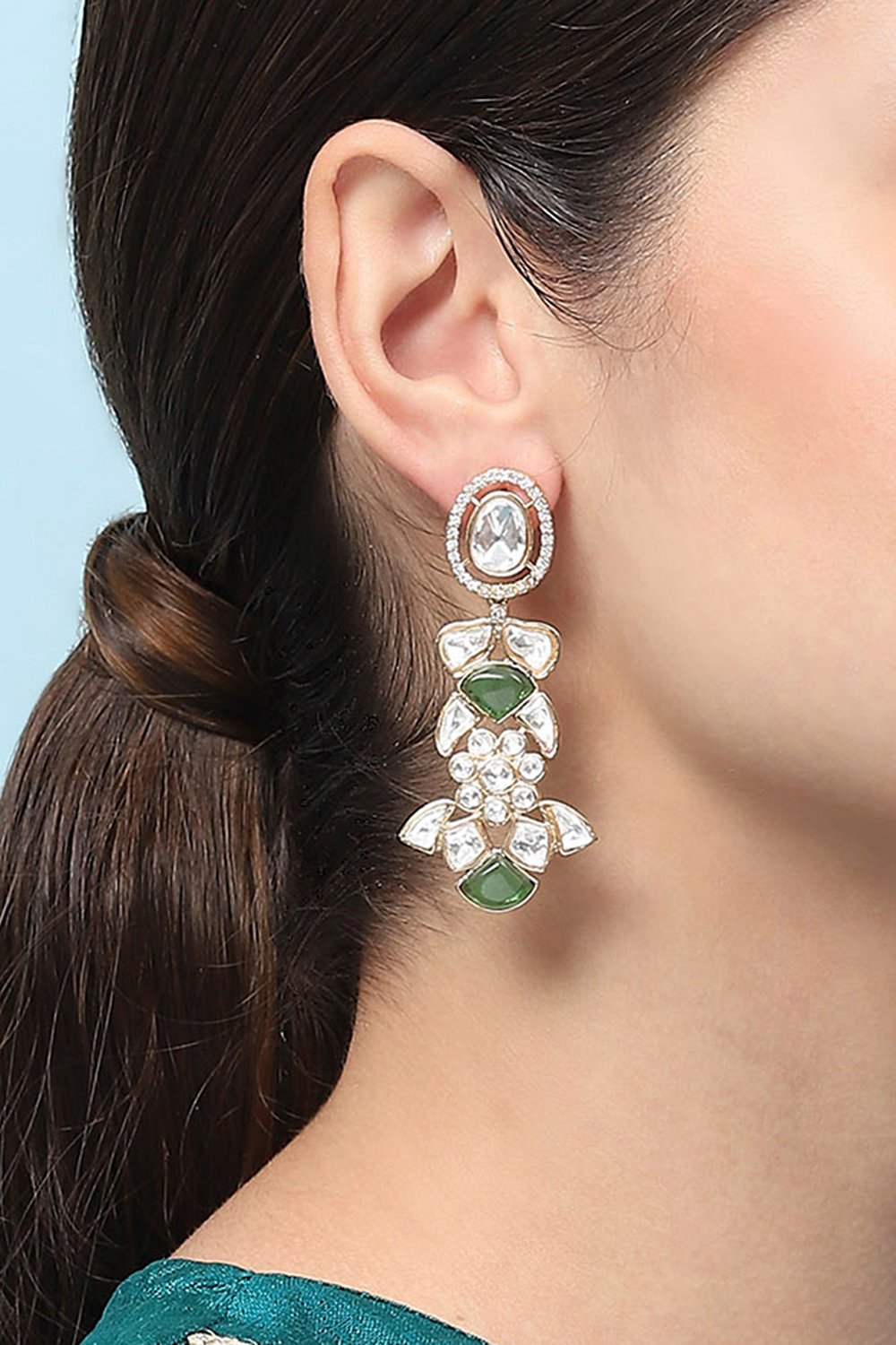 Green Kundan Festive Drop & Danglers image number 3