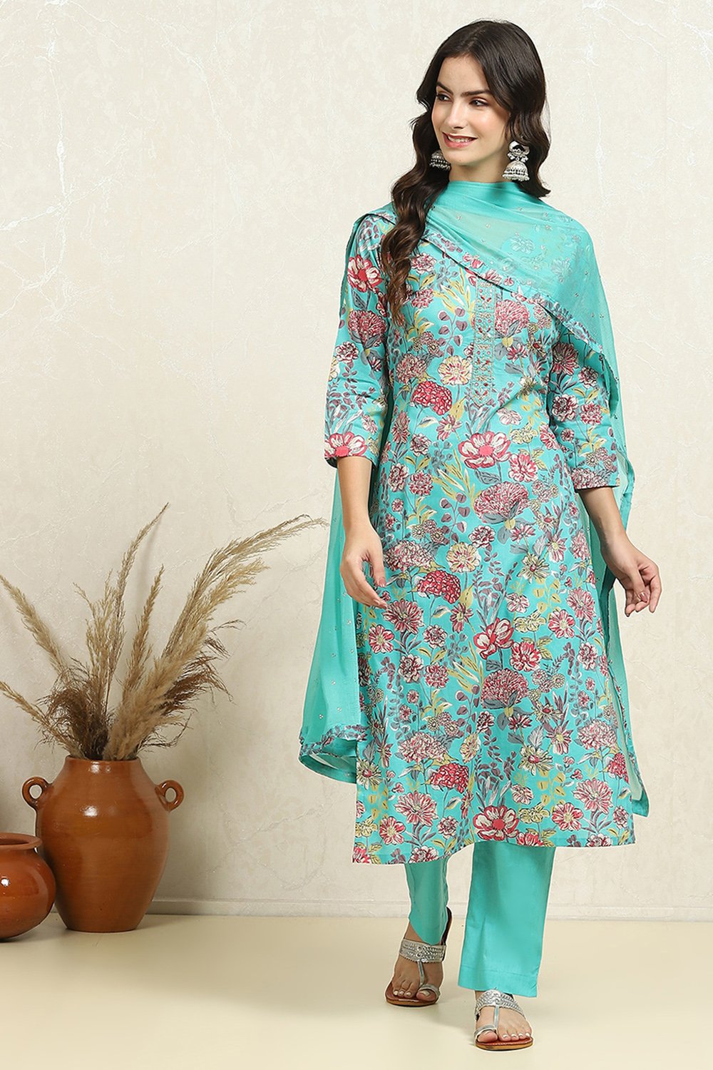 Green Cotton Printed Unstitched Suit Set image number 7