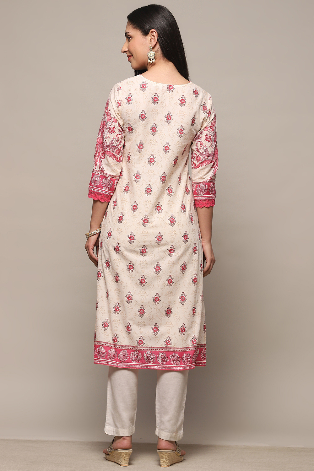 Off-white & Pink Pure Cotton Printed Straight Kurta image number 3