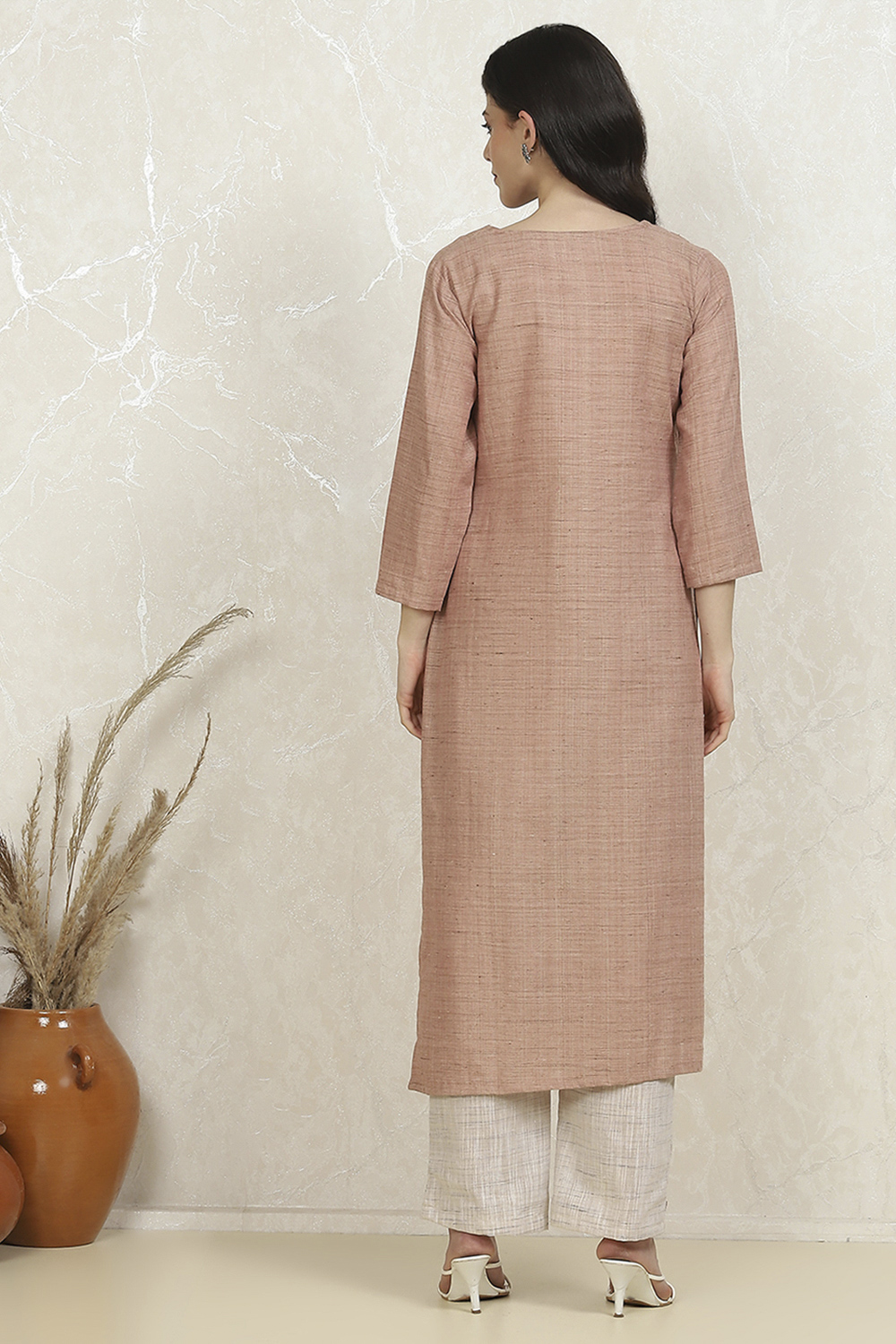 Beige Linen Hand Embroidered Unstitched Suit Set image number 5