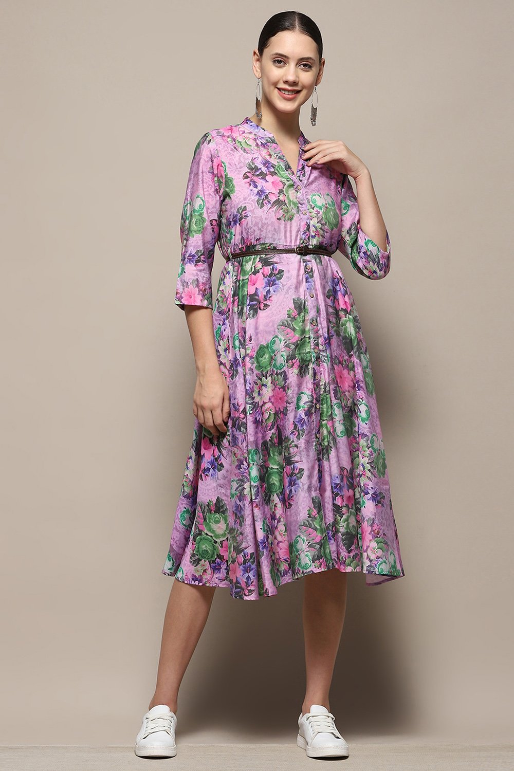 Purple Floral Block Printed A-line Dress image number 6