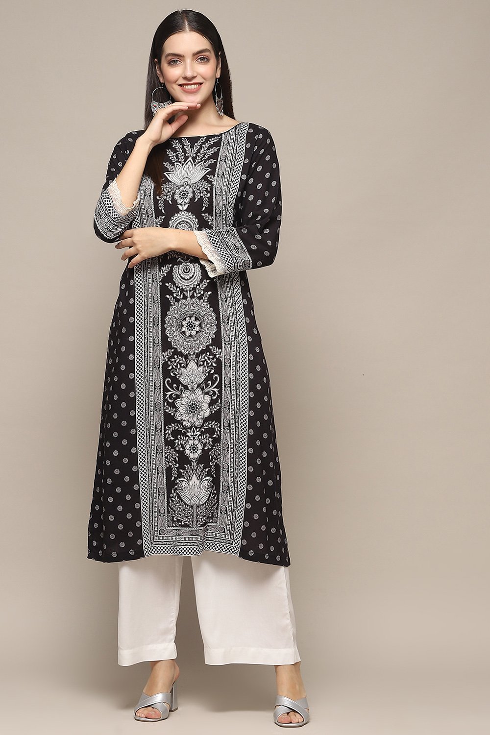 Black & White Printed Straight Kurta image number 5