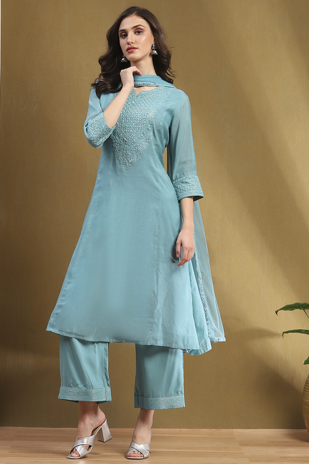 Turquoise Polyester Blend Kalidar Suit Set image number 0