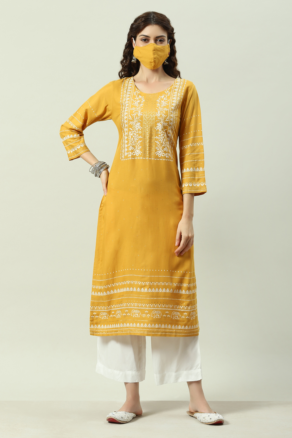 Mustard Printed Rayon Straight Kurta Palazzo Suit Set image number 6