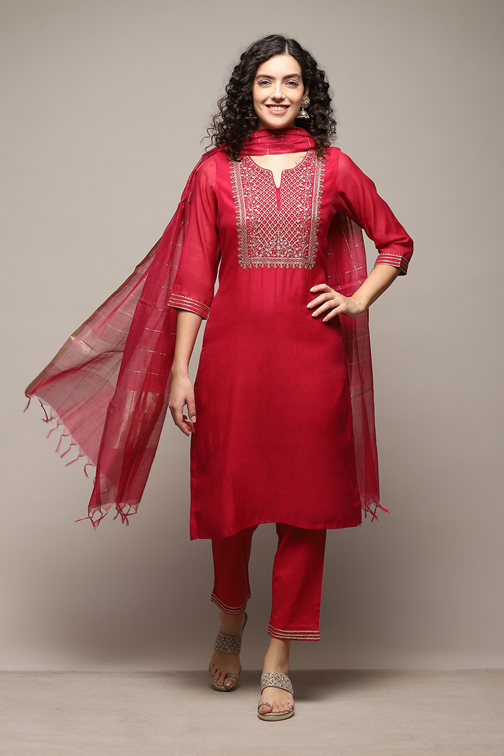 Fuchsia Poly Cotton Straight Kurta Pant Suit Set image number 7